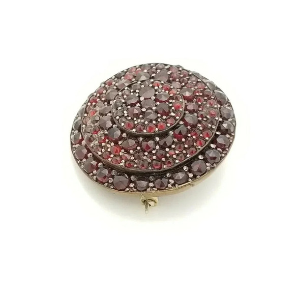 Antique Bohemian Rose Cut Garnets Round 3 Tier Pin - Picture 2 of 4
